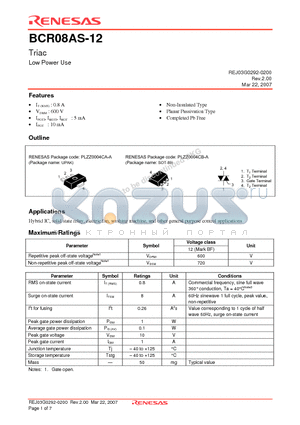 BCR08AS-12A-T14 datasheet - Triac Low Power Use