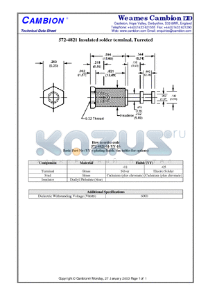 572-4821 datasheet - Insulated solder terminal, Turreted