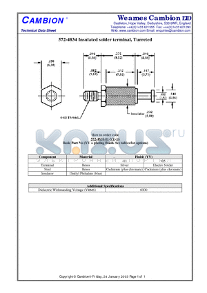 572-4834 datasheet - Insulated solder terminal, Turreted