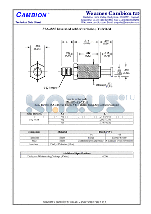 572-4835 datasheet - Insulated solder terminal, Turreted