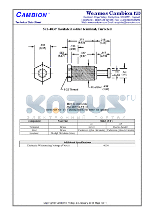 572-4839 datasheet - Insulated solder terminal, Turreted