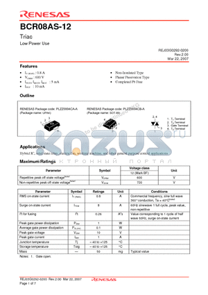 BCR08AS-12A-T24 datasheet - Triac Low Power Use