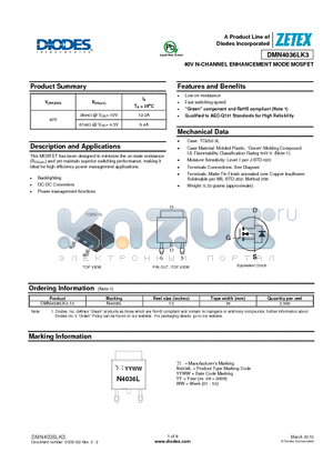 DMN4036LK3-13 datasheet - 40V N-CHANNEL ENHANCEMENT MODE MOSFET