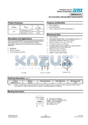 DMN4030LK3-13 datasheet - 40V N-CHANNEL ENHANCEMENT MODE MOSFET