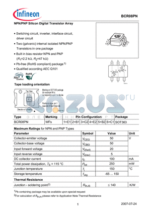 BCR08PN datasheet - NPN/PNP Silicon Digital Transistor Array