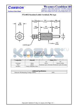 572-4852 datasheet - Insulated solder terminal, Pin type