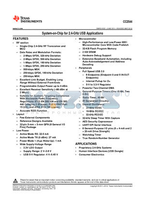 CC2544 datasheet - System-on-Chip for 2.4-GHz USB Applications