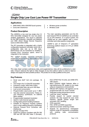 CC2550-RTY1 datasheet - Single Chip Low Cost Low Power RF Transmitter