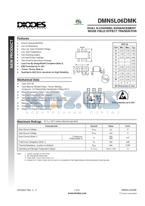 DMN5L06DMK-7 datasheet - DUAL N-CHANNEL ENHANCEMENT MODE FIELD EFFECT TRANSISTOR