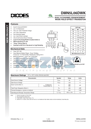 DMN5L06DWK datasheet - DUAL N-CHANNEL ENHANCEMENT MODE FIELD EFFECT TRANSISTOR