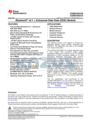 CC2560-PAN1315 datasheet - Bluetooth^ v2.1  Enhanced Data Rate (EDR) Module