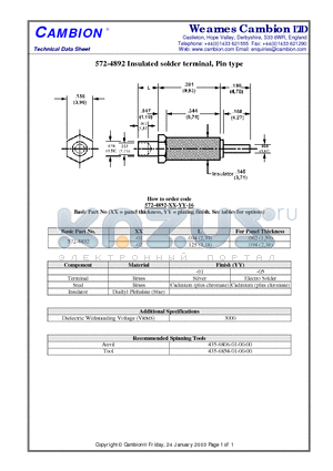 572-4892 datasheet - Insulated solder terminal, Pin type