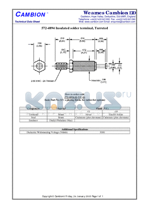 572-4894 datasheet - Insulated solder terminal, Turreted