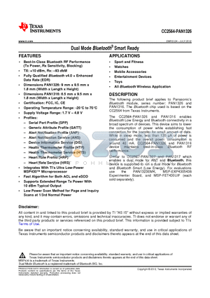 CC2564-PAN1326 datasheet - Dual Mode Bluetooth^ Smart Ready