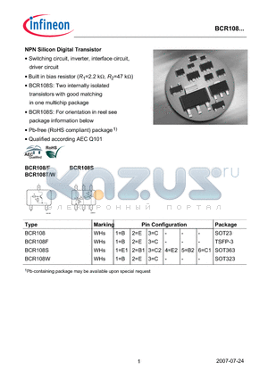 BCR108F datasheet - NPN Silicon Digital Transistor