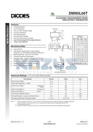 DMN5L06T-7 datasheet - N-CHANNEL ENHANCEMENT MODE FIELD EFFECT TRANSISTOR