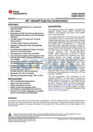 CC2567-PAN1327 datasheet - ANT  Bluetooth^ Single-Chip, Dual-Mode Module