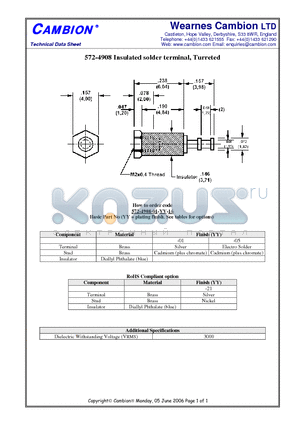 572-4908 datasheet - Insulated solder terminal, Turreted