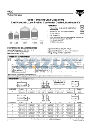 572D datasheet - Solid Tantalum Chip Capacitors TANTAMOUNT, Low Profile, Conformal Coated, Maximum CV