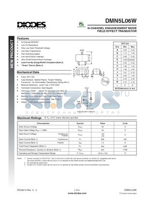 DMN5L06W-7 datasheet - N-CHANNEL ENHANCEMENT MODE FIELD EFFECT TRANSISTOR