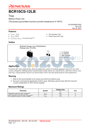 BCR10CS-12LB-T11 datasheet - Triac Medium Power Use (The product guaranteed maximum junction temperature of 150`C)