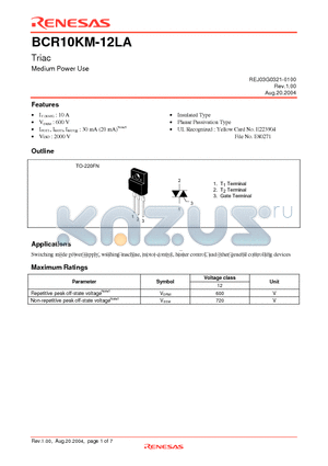 BCR10KM-12LA datasheet - Triac Medium Power Use