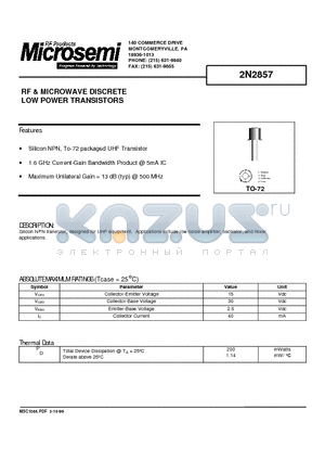 2N2857 datasheet - RF & MICROWAVE DISCRETE LOW POWER TRANSISTORS