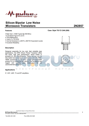 2N2857 datasheet - Silicon Bipolar  Low Noise microwave Transistors