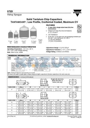 572D336X96R3A2W datasheet - Solid Tantalum Chip Capacitors TANTAMOUNT, Low Profile, Conformal Coated, Maximum CV