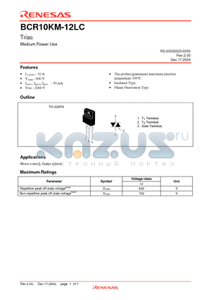 BCR10KM-12LC-A8 datasheet - Triac Medium Power Use