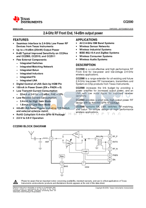 CC2590RGVR datasheet - 2.4-GHz RF Front End, 14-dBm output power