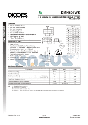 DMN601WK datasheet - N-CHANNEL ENHANCEMENT MODE FIELD EFFECT TRANSISTOR