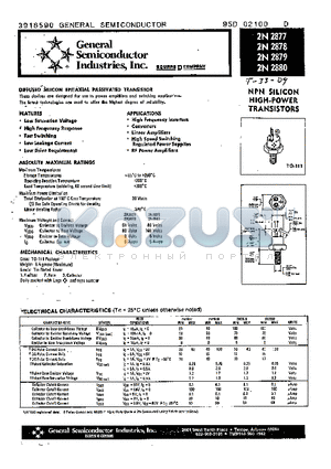 2N2877 datasheet - NPN SILICON HIGH-POWER TRANSISTORS