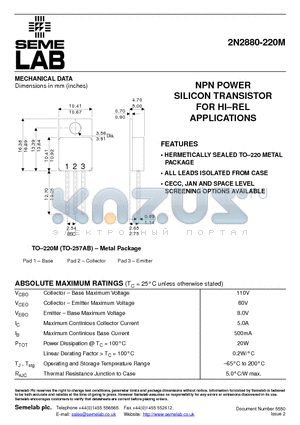 2N2880-220M datasheet - NPN POWER SILICON TRANSISTOR