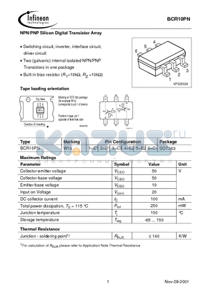 BCR10PN datasheet - NPN/PNP Silicon Digital Transistor Array