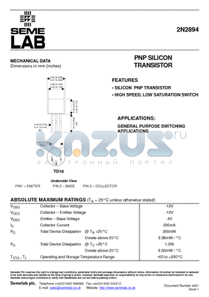 2N2894 datasheet - PNP SILICON TRANSISTOR