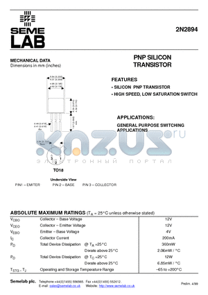 2N2894 datasheet - PNP SILICON TRANSISTOR