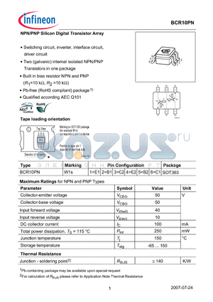 BCR10PN datasheet - NPN/PNP Silicon Digital Transistor Array
