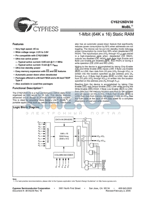 CY62126DV30L-70ZSI datasheet - 1-Mbit (64K x 16) Static RAM