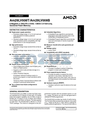 AM29LV008B-90ECB datasheet - 8 Megabit (1,048,576 x 8-Bit) CMOS 3.0 Volt-only, Sectored Flash Memory