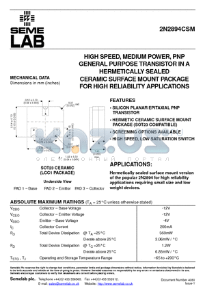 2N2894CSM datasheet - HIGH SPEED, MEDIUM POWER, PNP