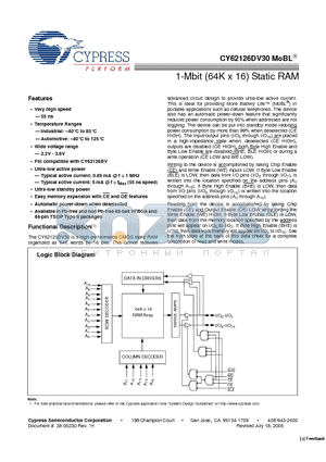 CY62126DV30 datasheet - 1-Mbit (64K x 16) Static RAM