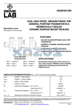 2N2894DCSM datasheet - DUAL HIGH SPEED, MEDIUM POWER, PNP GENERAL PURPOSE TRANSISTOR IN A HERMETICALLY SEALED CERAMIC SURFACE MOUNT PACKAGE