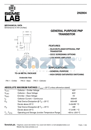 2N2904 datasheet - GENERAL PURPOSE PNP TRANSISTOR