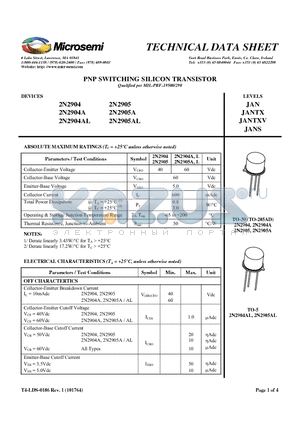 2N2904 datasheet - PNP SWITCHING SILICON TRANSISTOR