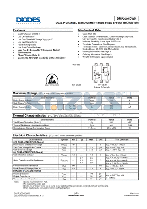 DMP2004DWK-7 datasheet - DUAL P-CHANNEL ENHANCEMENT MODE FIELD EFFECT TRANSISTOR