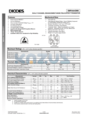 DMP2004DMK datasheet - DUAL P-CHANNEL ENHANCEMENT MODE FIELD EFFECT TRANSISTOR