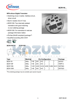 BCR119S datasheet - NPN silicon Digital Transistor