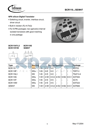 BCR119W datasheet - NPN silicon Digital Transistor