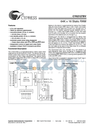 CY62127BVLL-70BAI datasheet - 64K x 16 Static RAM